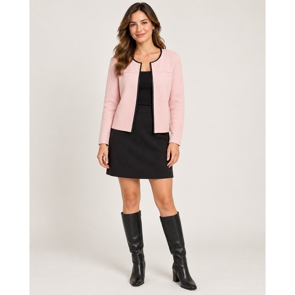 Talbots Petites Pink Open Front Knit Cardigan Jacket Black Trim MP
